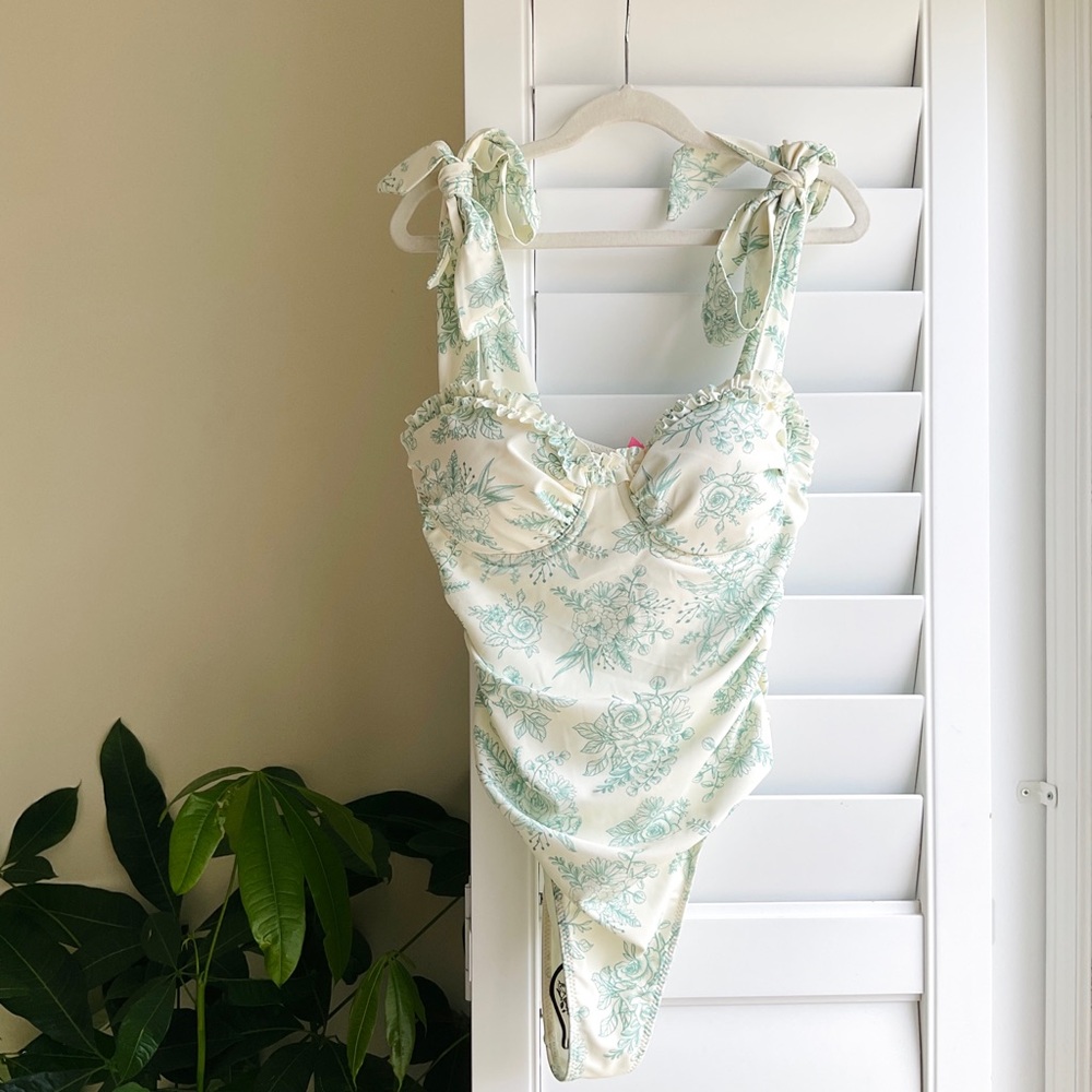 Dolls Kill Cream Floral Tie-Shoulder Bodysuit with Mint Print